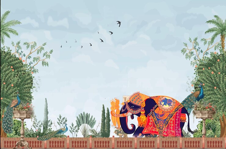 Indian Mughal Peacock e Elephant architettura e cultura illustrazione