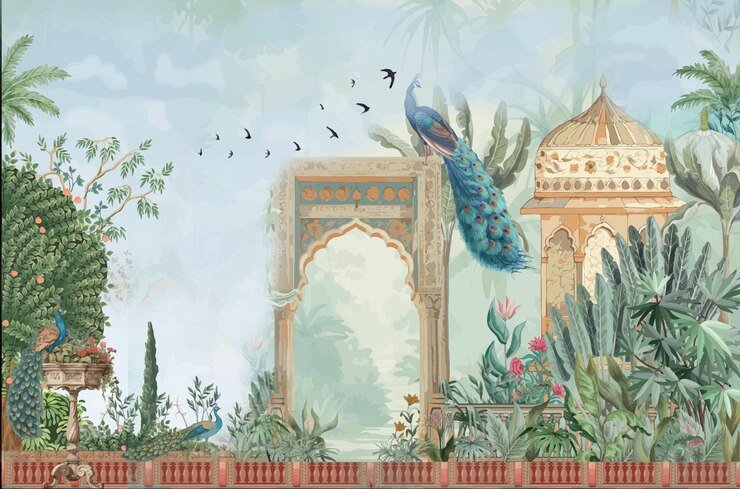Indian Mughal Peacock e Elephant architettura e cultura illustrazione