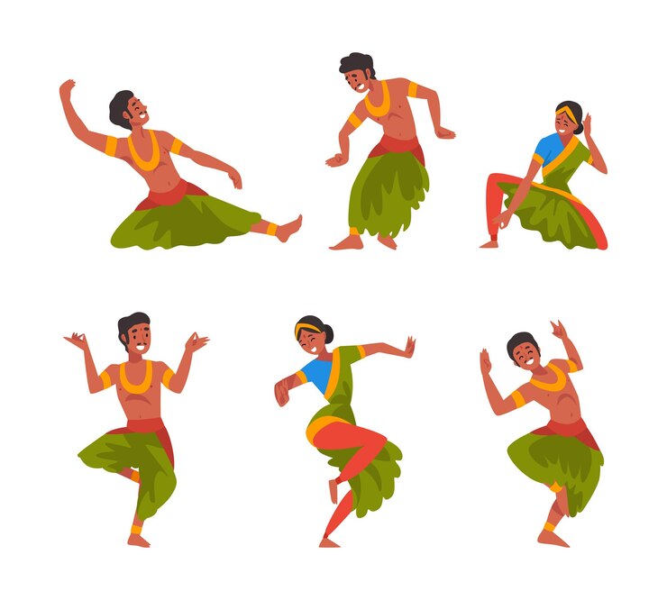 Vettore indiani che eseguono una danza tradizionale ballerini felici in abiti tradizionali illustrazione vettoriale di cartoni animati