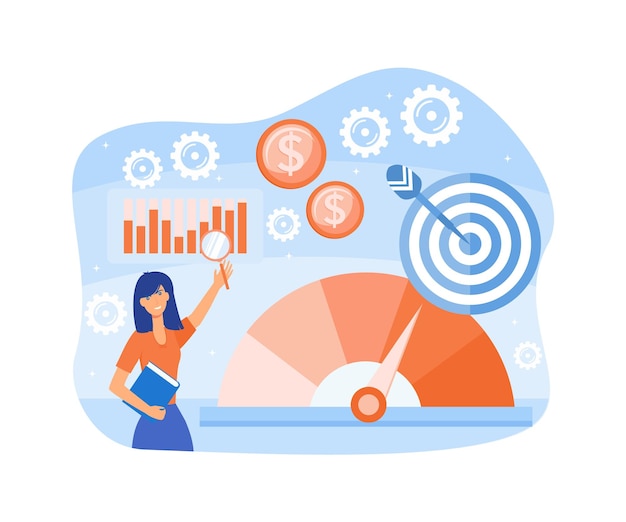 Indicatore chiave di prestazione o KPI per il concetto di valutazione del successo aziendale Analisi professionale dell'azienda e revisione per il rapporto di soddisfazione Vettore piatto di livello di profitto e entrate Illustrazione moderna