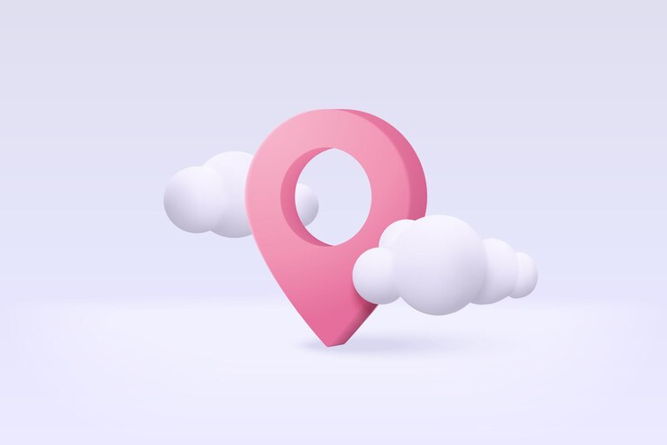 Indicatore del punto di posizione 3D della mappa o dell'icona del pin di navigazione segno sullo sfondo della nuvola isolata la navigazione è di colore rosa pastello con ombra sulla direzione della mappa illustrazione del rendering vettoriale del pin GPS 3d