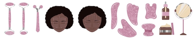 Indicazioni per il massaggio facciale per una giovane donna nera Cura della pelle femminile con guasha a rullo di giada olio