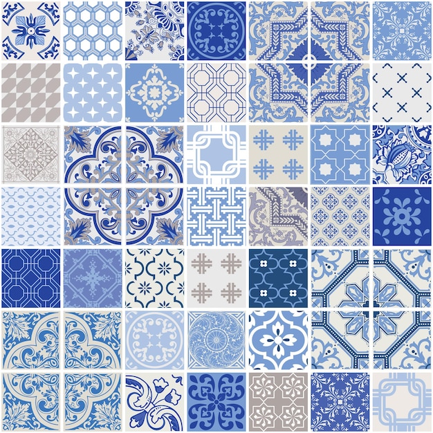 Indigo Seamless Patchwork Pattern - Set di piastrelle monocromatiche - per carta da parati, design, sfondo, texture, interni
