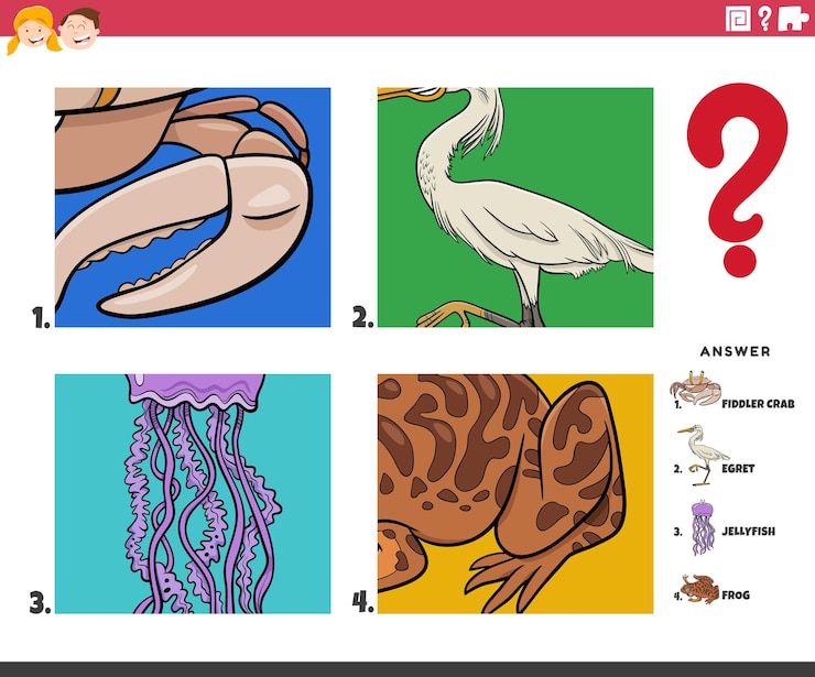Vettore indovina i personaggi dei cartoni animati animali gioco educativo per i bambini