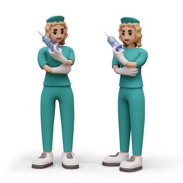 Infermiera professionista di cartoni animati in uniforme verde indossa un guanto medico e tiene una siringa