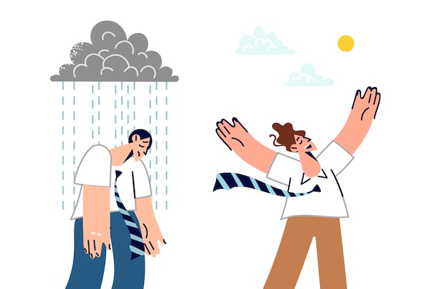 Influenza del tempo sull'umore dell'uomo d'affari che è felice il sole esce e triste piove