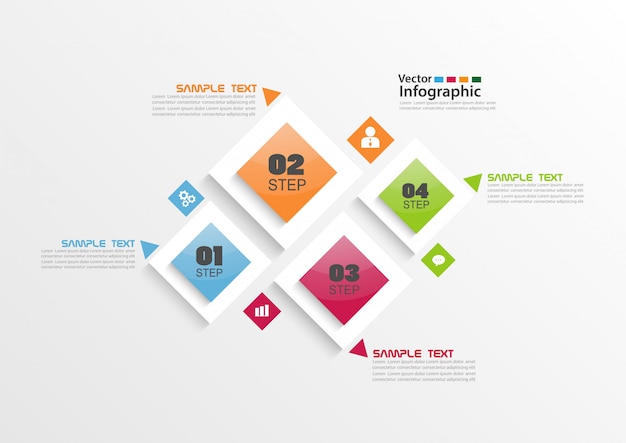 Infografica a quattro passaggi con quadrati colorati