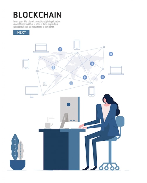 Infografica Blockchain. Le persone che usano il computer si connettono al dispositivo del vento del mondo.