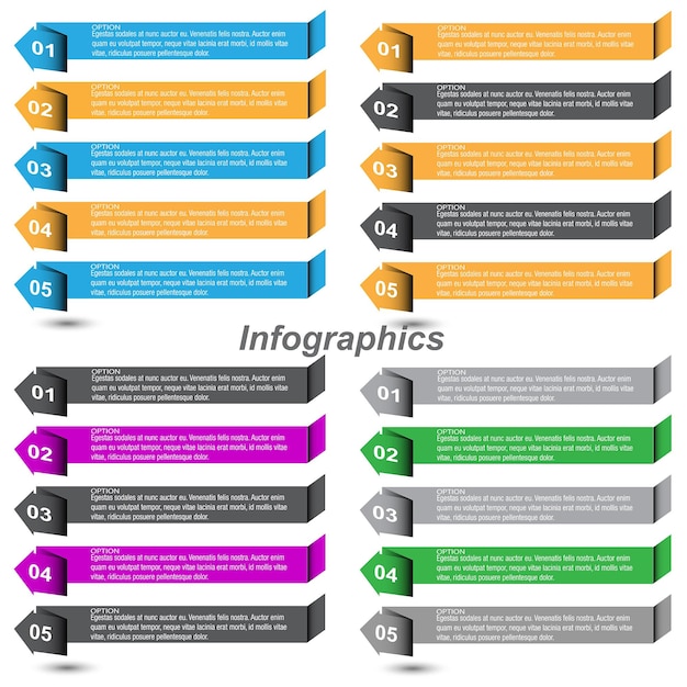 Infografica di raccolta con banner di passaggi e opzioni per la progettazione aziendale e modello di sito Web