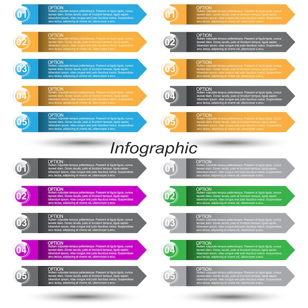 Infografica di raccolta con banner di passaggi e opzioni per la progettazione aziendale e modello di sito Web