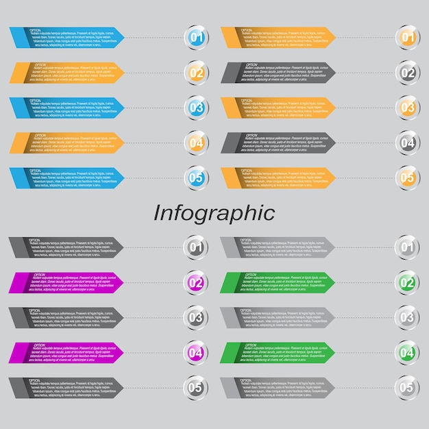 Infografica di raccolta con banner di passaggi e opzioni per la progettazione aziendale e modello di sito Web