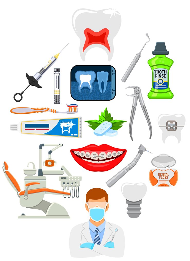 Vettore infografica di servizi odontoiatrici con icone di igiene orale e clinica dentale in stile piatto dottore dentista sedia dente e bretelle illustrazione vettoriale