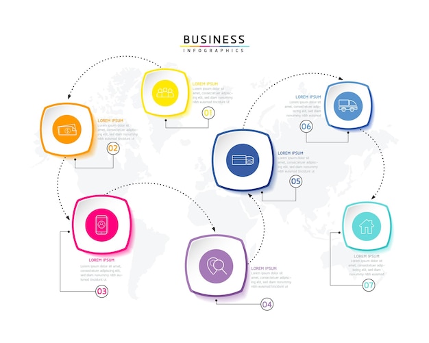 Infografica illustrazione vettoriale modello di progettazione informazioni di marketing con 7 opzioni o passaggi