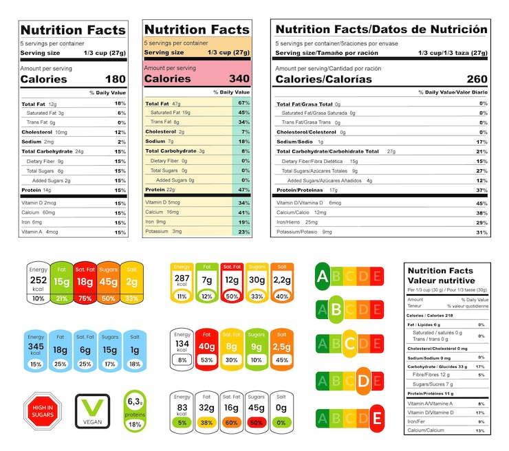 Vettore infografica nutrizione sana e set di composizione alimentare. etichetta composta di fatti nutrizionali, micronutrienti in compresse e tag colorati illustrazione vettoriale isolati su sfondo bianco