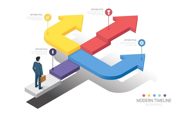 Infografica simbolo freccia business road map timeline 4 fasi opzioni per il successo modello vettore