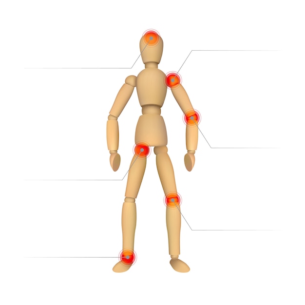 Infografica sul dolore. Manichino in legno per il disegno e il luogo per il testo. Illustrazione realistica isolata