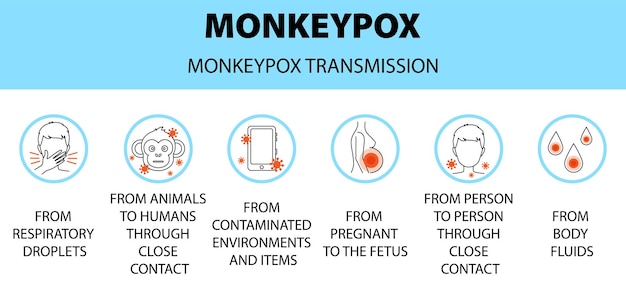 Infografica sulle icone di trasmissione del virus Monkeypox Nuovi casi di focolaio in Europa e negli Stati Uniti