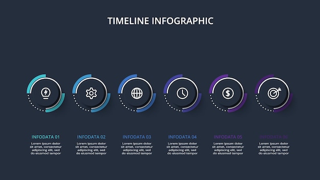 Infografica timeline con modello di 6 elementi per il web su sfondo nero illustrazione vettoriale presentazione aziendale
