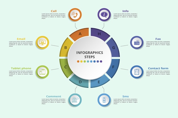 Infografiche con icone di tema di contatto passaggi come chiamata