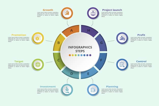 Infografiche con icone di temi di start-up, passaggi come la crescita