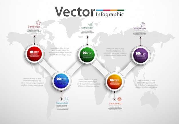 Infographics di cinque passaggi con cerchi colorati