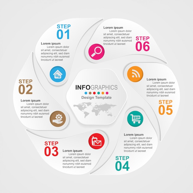 Infographics di timeline di processo aziendale 6 passaggi.