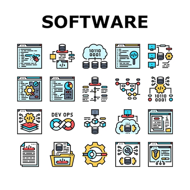 ingegnere del software codice del computer icone set vettore
