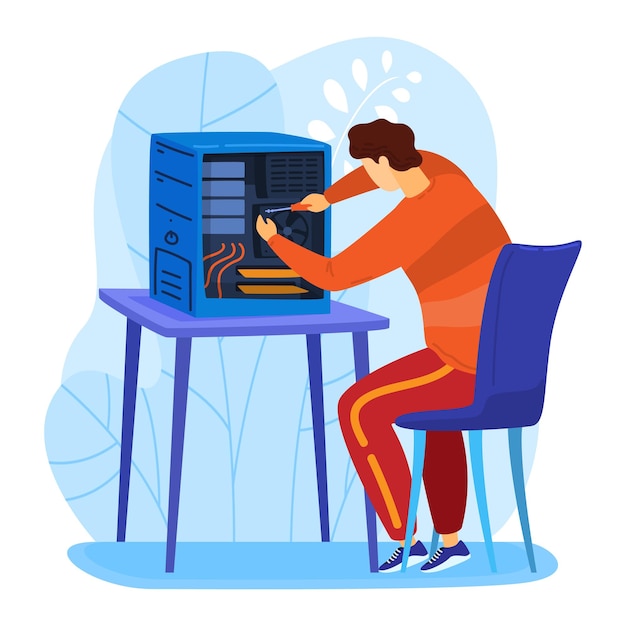 Ingegnere di carattere maschile riparazione personal computer manodopera correzione macchina informatica torre isolata su