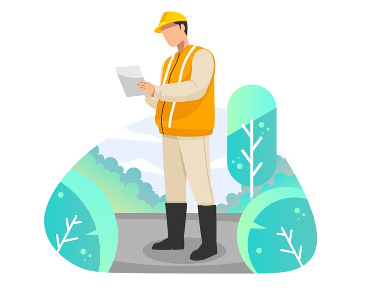 Vettore ingegnere vicino all'illustrazione piana di vettore del lavoro di riparazione della strada