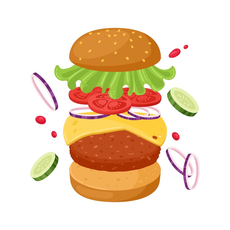 Vettore ingredienti per hamburger cartoon bun veggies carne patty fast food costruttore formaggio e salsa illustrazione vettoriale piatta delicious cheeseburger ingredienti