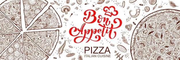 Ingredienti per la pizza Cornice in cerchio Iscrizione Bon appetit Modello di menu pizzeria disegnato a mano