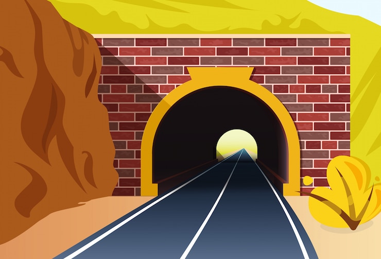 Vettore ingresso in un tunnel stradale. illustrazione in stile piatto