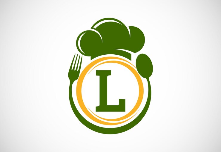 Vettore iniziale dell'alfabeto l con cucchiaio e forchetta del cappello dello chef logo vettoriale moderno per l'attività di cucina del ristorante di caffè e l'identità aziendale