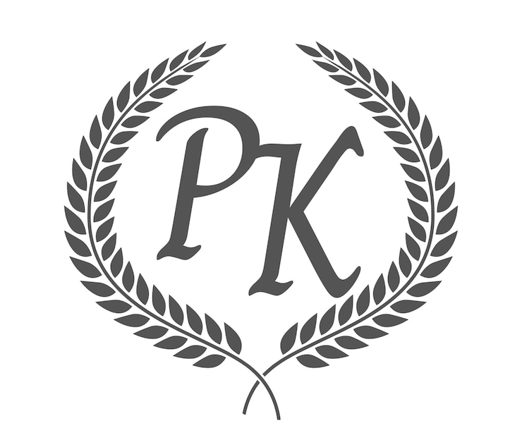 Vettore iniziale lettera p e k pk monogramma logo design con ghirlanda di alloro carattere calligrafica di lusso