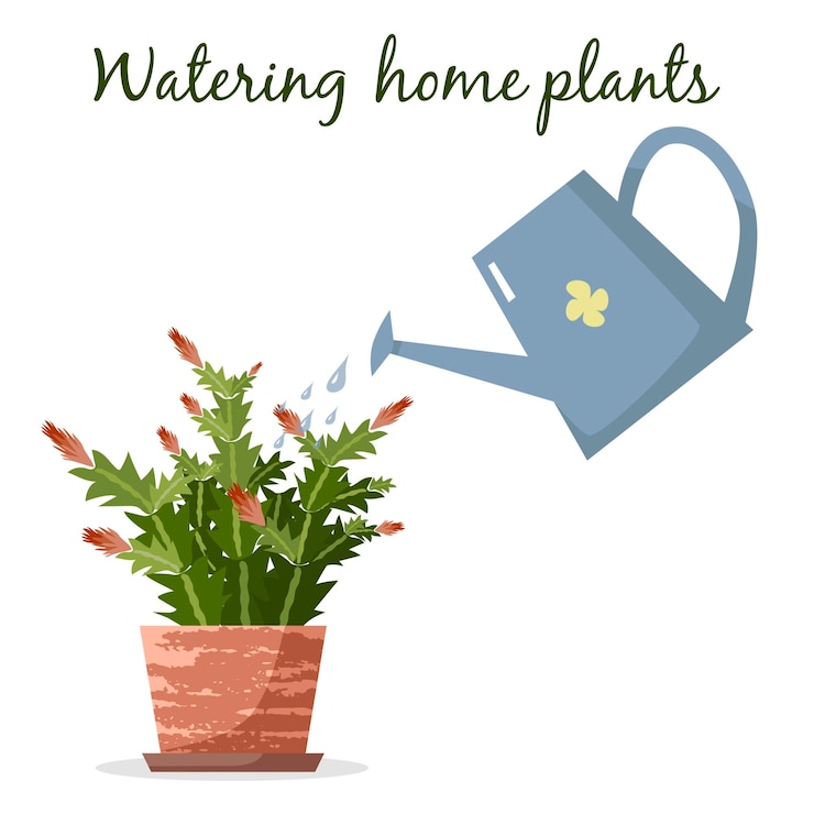 Vettore innaffiare le piante domestiche schlumbergera in vasi con annaffiatoio su illustrazione vettoriale piatta bianca cura delle piante domestiche