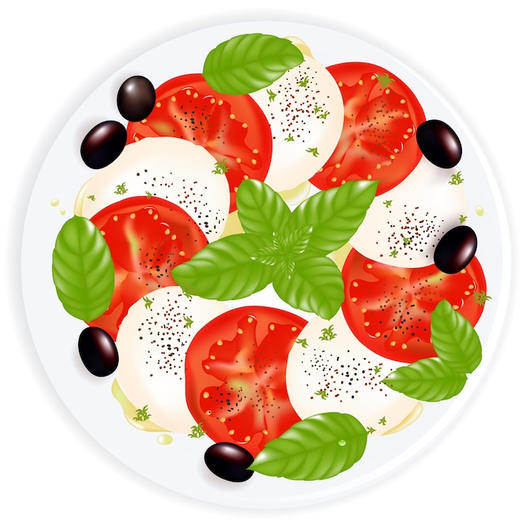 Vettore insalata caprese con mozzarella, basilico, olive nere e olio d'oliva