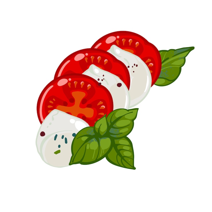 Vettore insalata caprese italiana con pomodori, mozzarella e basilico, illustrazione disegnata a mano