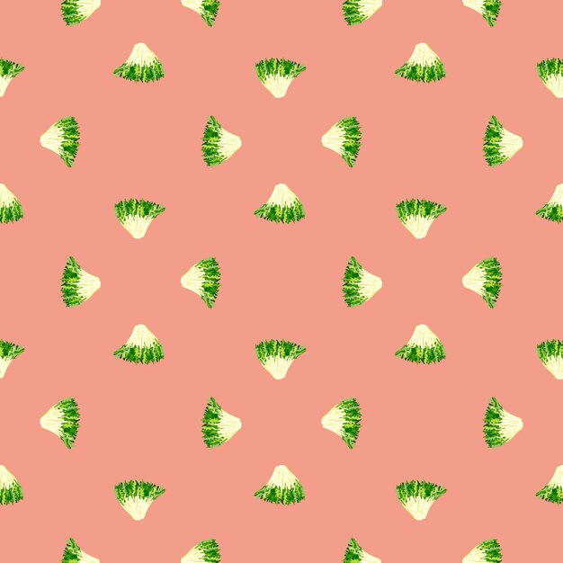 Insalata di frisee senza cuciture su sfondo rosa pastello. Ornamento minimalista con lattuga. Modello di pianta geometrica per tessuto. Illustrazione di vettore di progettazione.