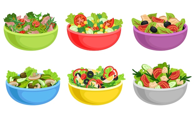 Insalata di frutta e verdura servita in ciotole Set vettoriale fatto di ingredienti grezzi freschi Concetto alimentare