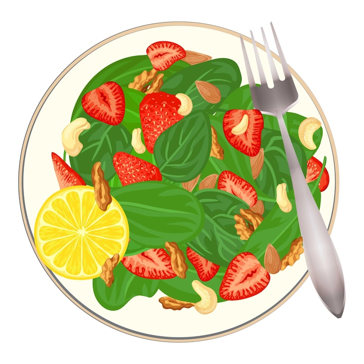 Vettore insalata di spinaci con icona di noci e frutta cartoon di insalata di spinaci con icona vettoriale di noci e frutta per il web design isolato su sfondo bianco