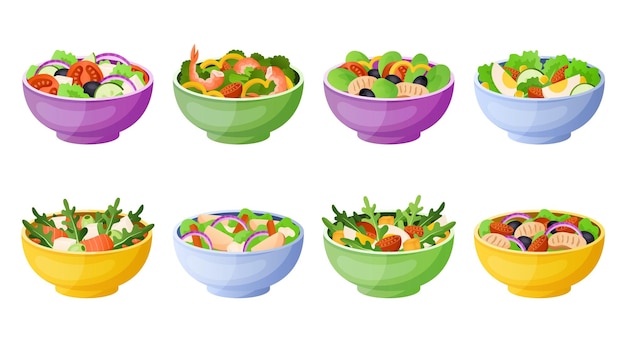 Insalata di verdure Ciotole di cartone animato con foglie di lattuga verde sana e salse Colazione estiva leggera Mix dietetico di pomodori e pezzi di pesce Tagliare uova o carne in piatti colorati Set di gustosi snack vettoriali