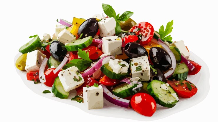 Vettore insalata greca fresca con feta formaggio olive e verdure cucina mediterranea sana
