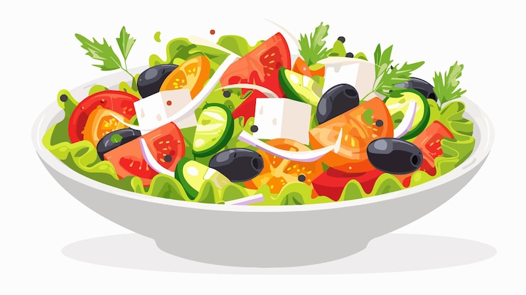 Vettore insalata greca fresca con verdure colorate e pomodori