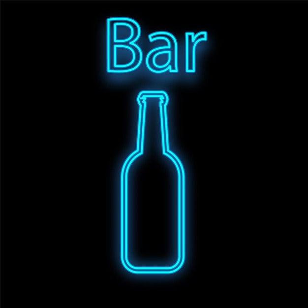 Insegna al neon blu luminosa e luminosa per bar ristorante caffetteria bella lucida con una bottiglia di birra