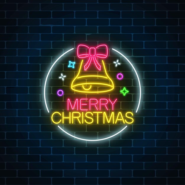 Insegna al neon d'ardore al neon con campana di Natale e arco-nodo nel telaio del cerchio.