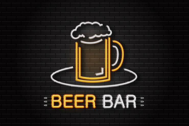Vettore insegna al neon del boccale di birra per la decorazione sullo sfondo della parete. logo al neon realistico per birreria. concetto di bar, pub o ristorante.