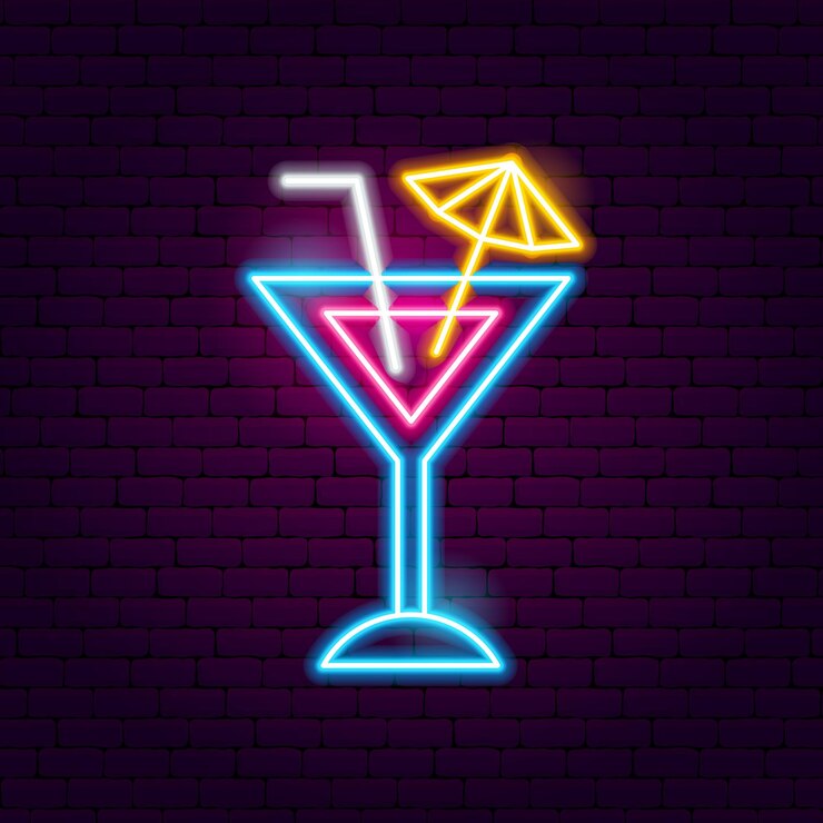 Insegna al neon del cocktail. Illustrazione vettoriale di promozione della bevanda.