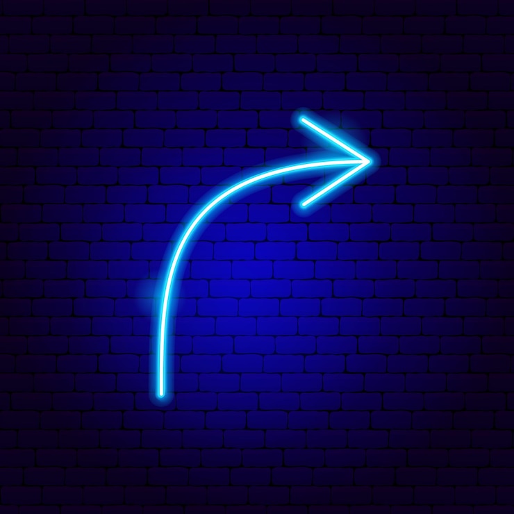 Vettore insegna al neon della freccia di linea destra. illustrazione vettoriale di promozione della direzione.