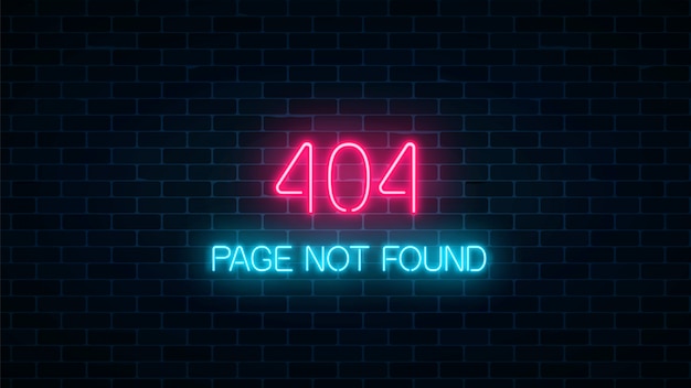 Insegna al neon della pagina di errore 404 non trovata sul fondo scuro del muro di mattoni. Pagina del sito Web di errore di connessione al neon rosso e blu.