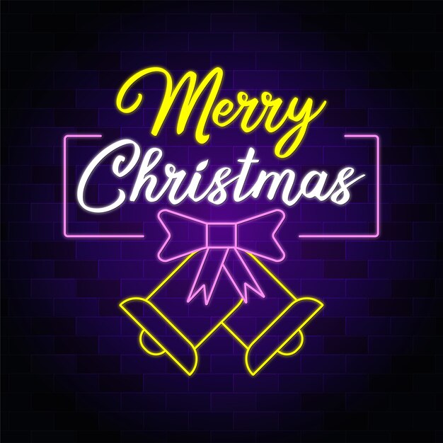 Insegna al neon di buon natale con farfallino natalizio e campana